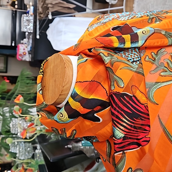 Large Scarf, wrap, or Beach cover up. Orange with colorful fish design. - Picture 5 of 6
